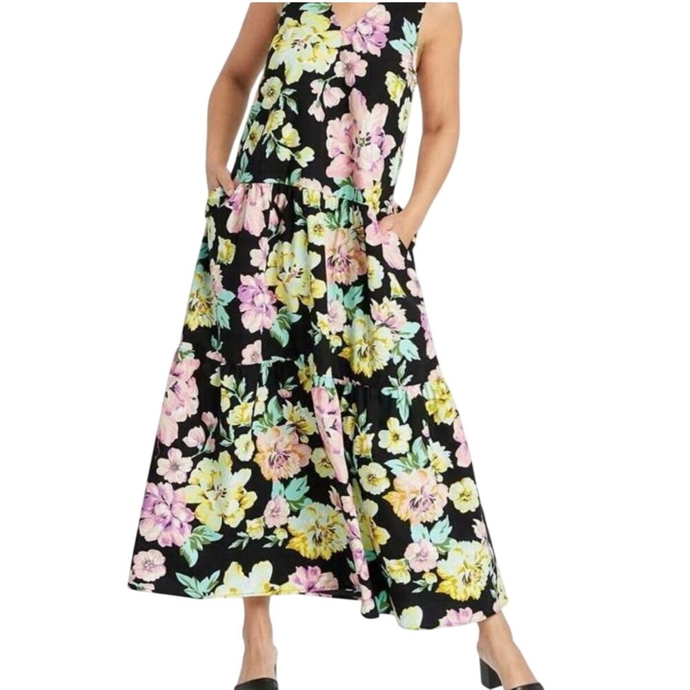 Who What Wear Women’s black tank maxi dress with floral pattern, faux tiered, XL